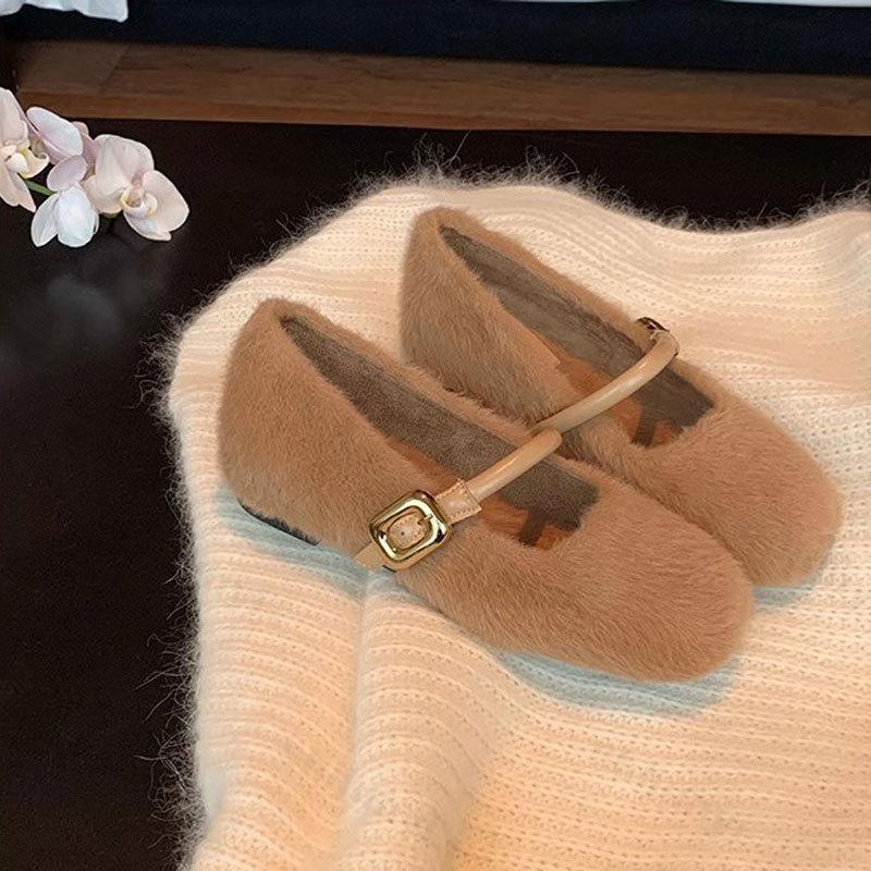 Fashion Women's Ballet Plush Shoes Autumn New Vintage Buckle Strap Mary Jane Shoes Lightweight Comfortable Non Slip Fashion Single Shoes