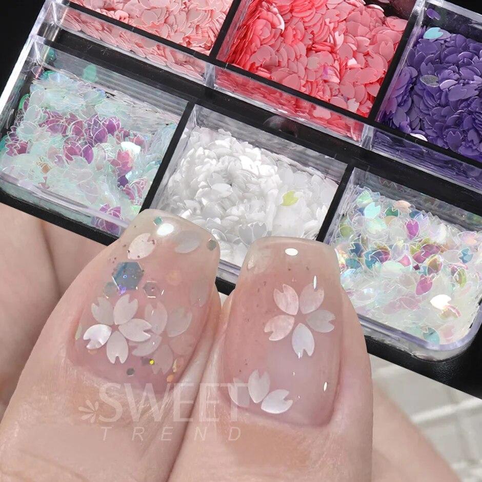 6 Grids Sakura Flower Petal Chip Nail Sequins Cherry Blossoms Glitter Stickers Spring Japanese Holographic Decor Flakes SAS128