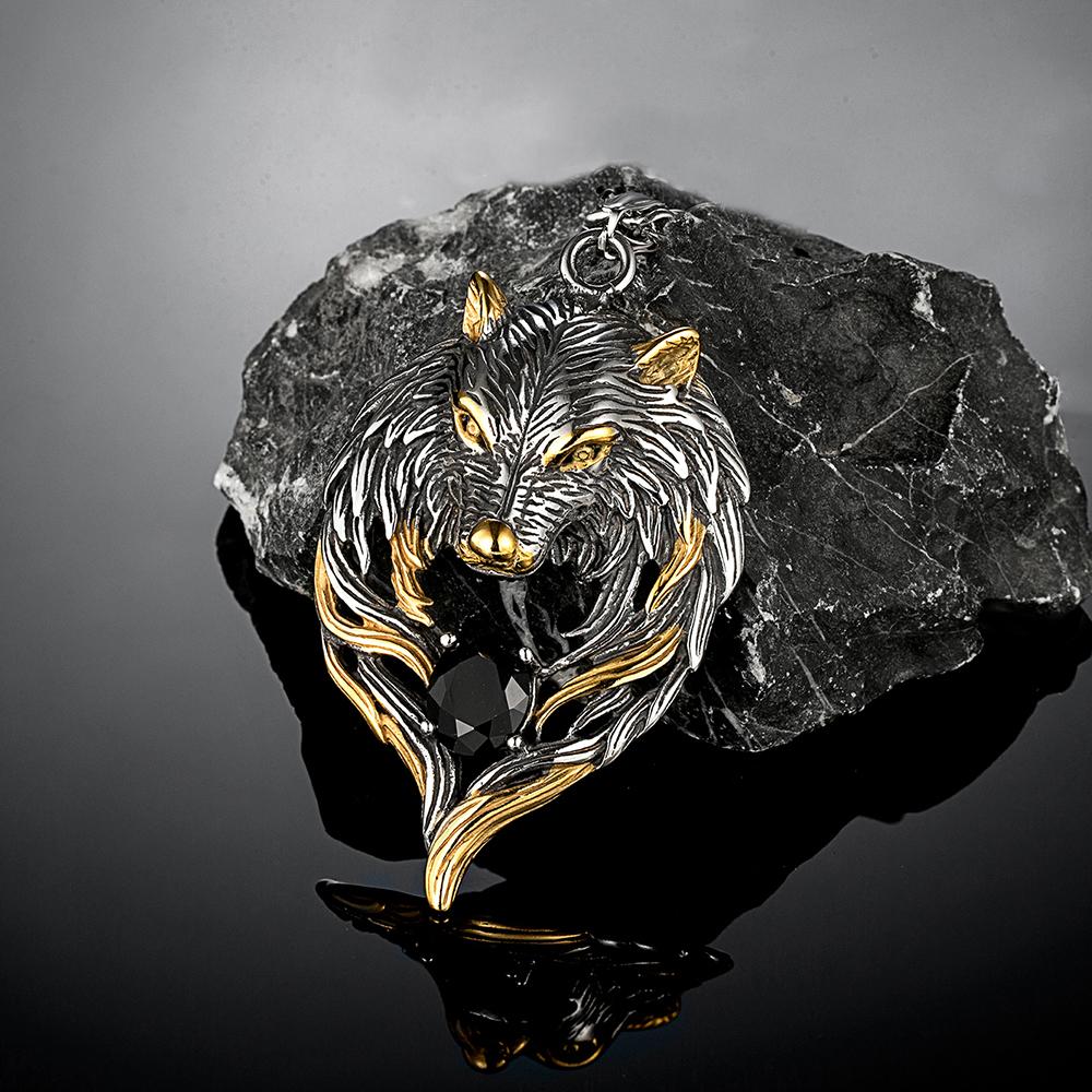 Punk Norse Odins Wolf Necklace Gold Stainless Steel Black Gem Viking Fenrir Pendant Retro Amulet Jewelry for Men