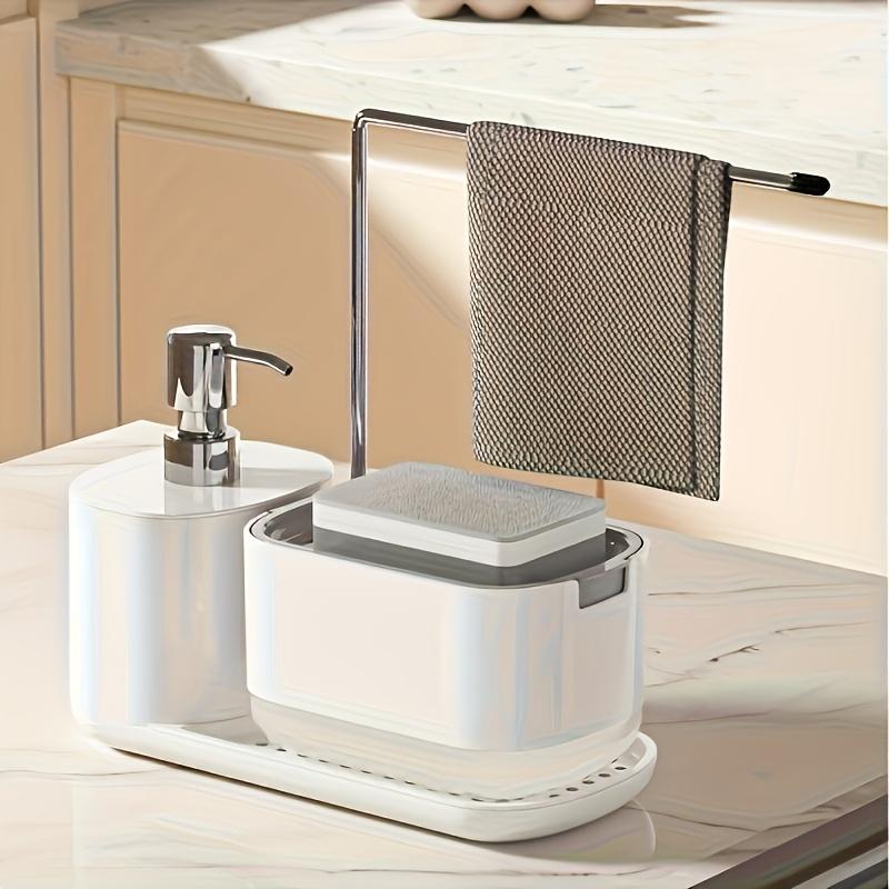 1pc 2-in-1 Compact Kitchen Organizer with Manual Soap Dispenser and Stainless Steel Cloth Holder - Sleek White Countertop Storage Solution