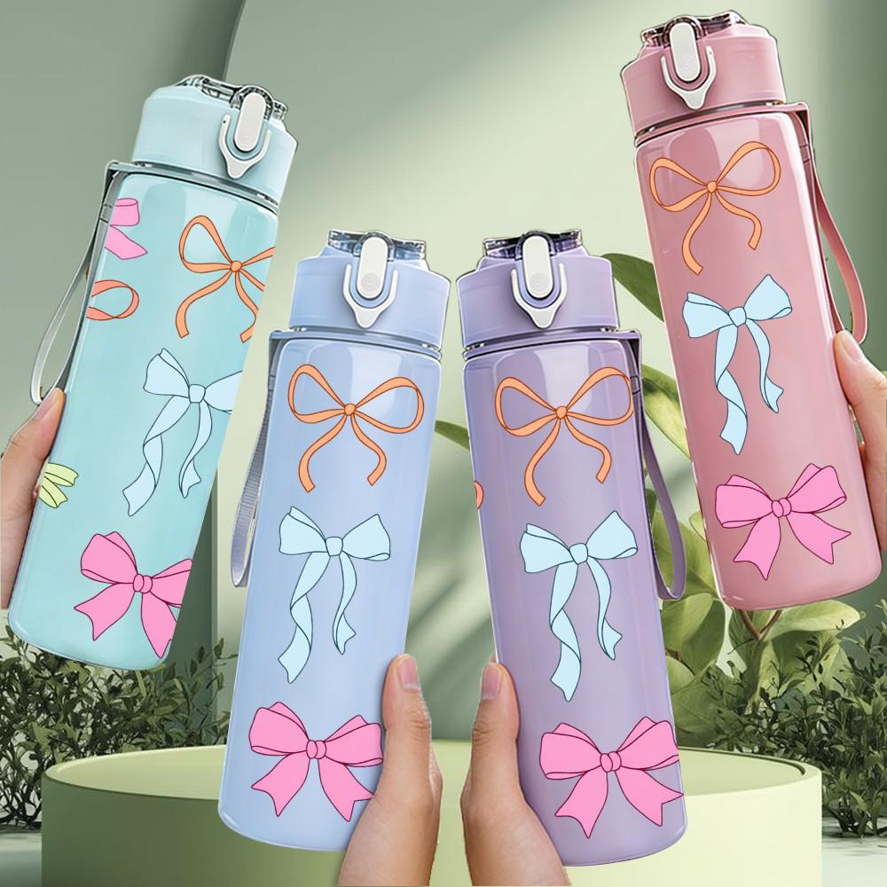1PC Pastel Bow Ribbon Bowknot Print 750ml Color Plastic Sports Water Bottle Leakproof Flip Straw Lid Suitable for Sports Office Home Use