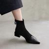 Temperament pointed short boots women's new leather boots thick heel medium heel elastic short women's boots thin boots