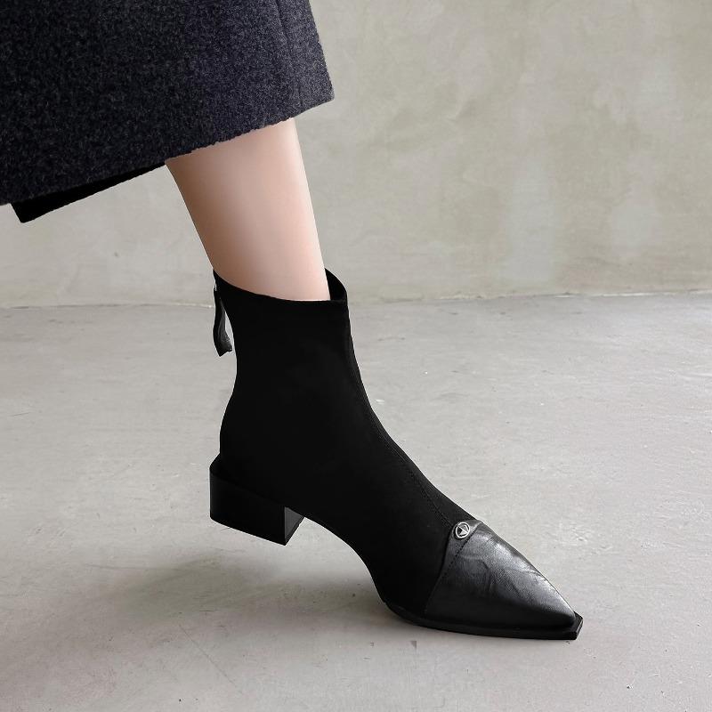 Temperament pointed short boots women's new leather boots thick heel medium heel elastic short women's boots thin boots