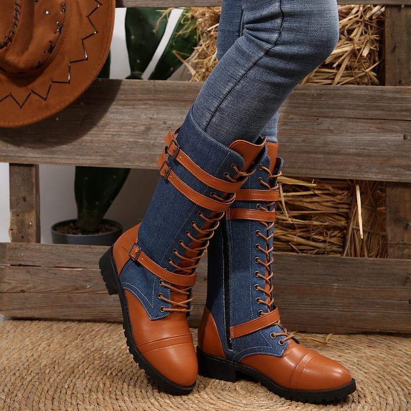 Herfst Nieuw Rond Neus Gepaneld Denim Vetersluiting Voorkant Rits Zijkant Platform Antislip Slijtvast Blokhak Hoge Laarzen