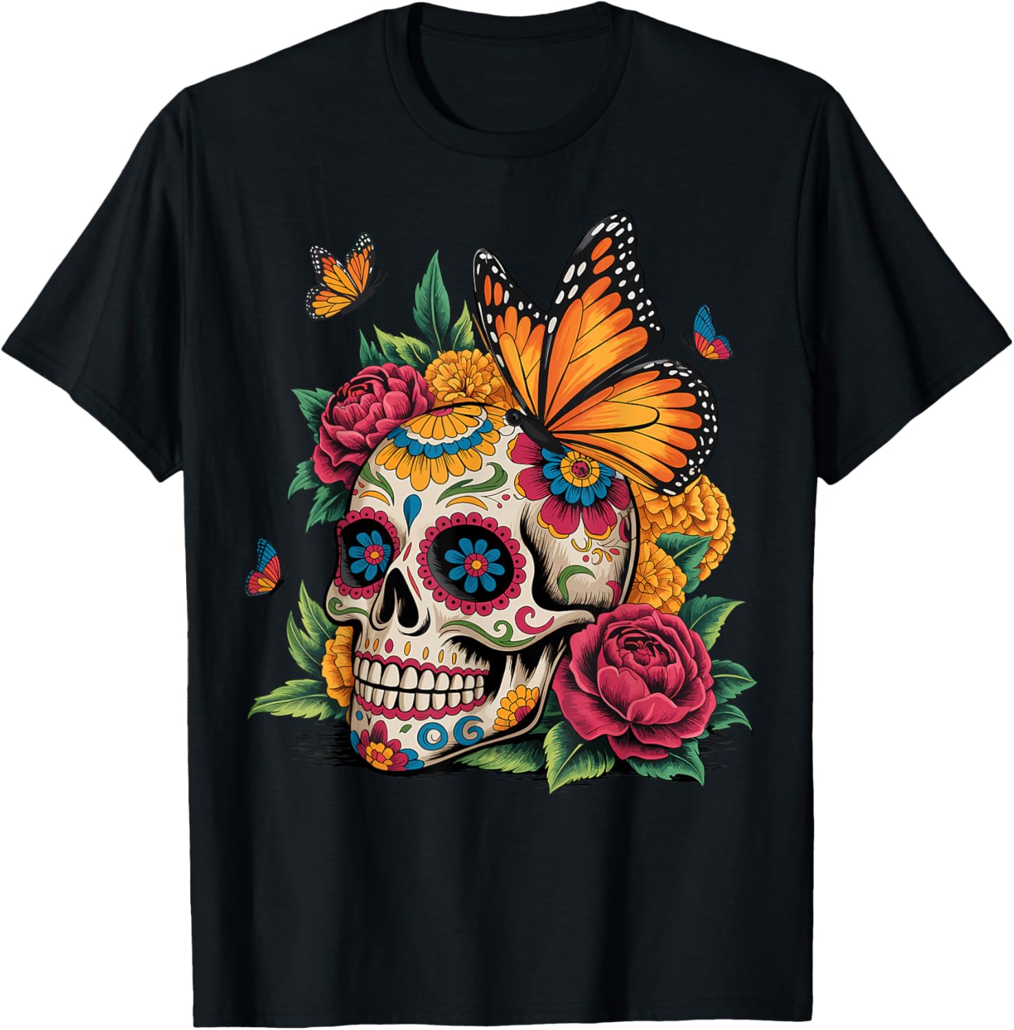 Dia de Los Muertos Floral Sugar Skull Gothic Day of The Dead T-Shirt L
