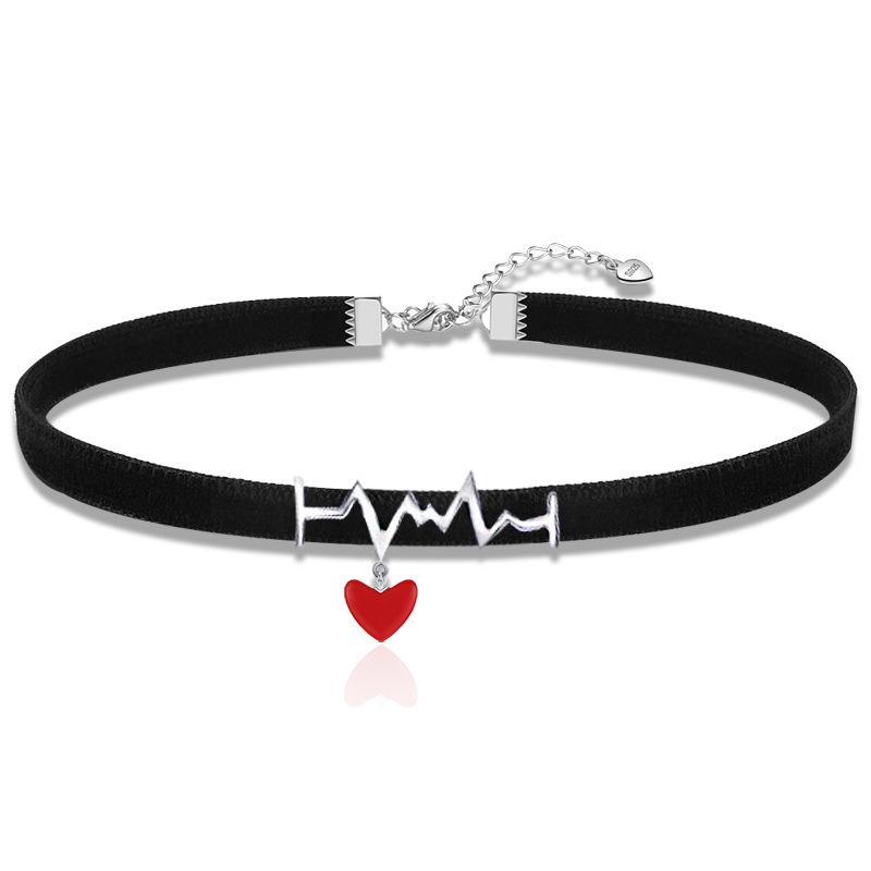 S925 Silver EKG Red Heart Choker Necklace - Black Rope Jewelry for Christmas & Valentine's Day Gift