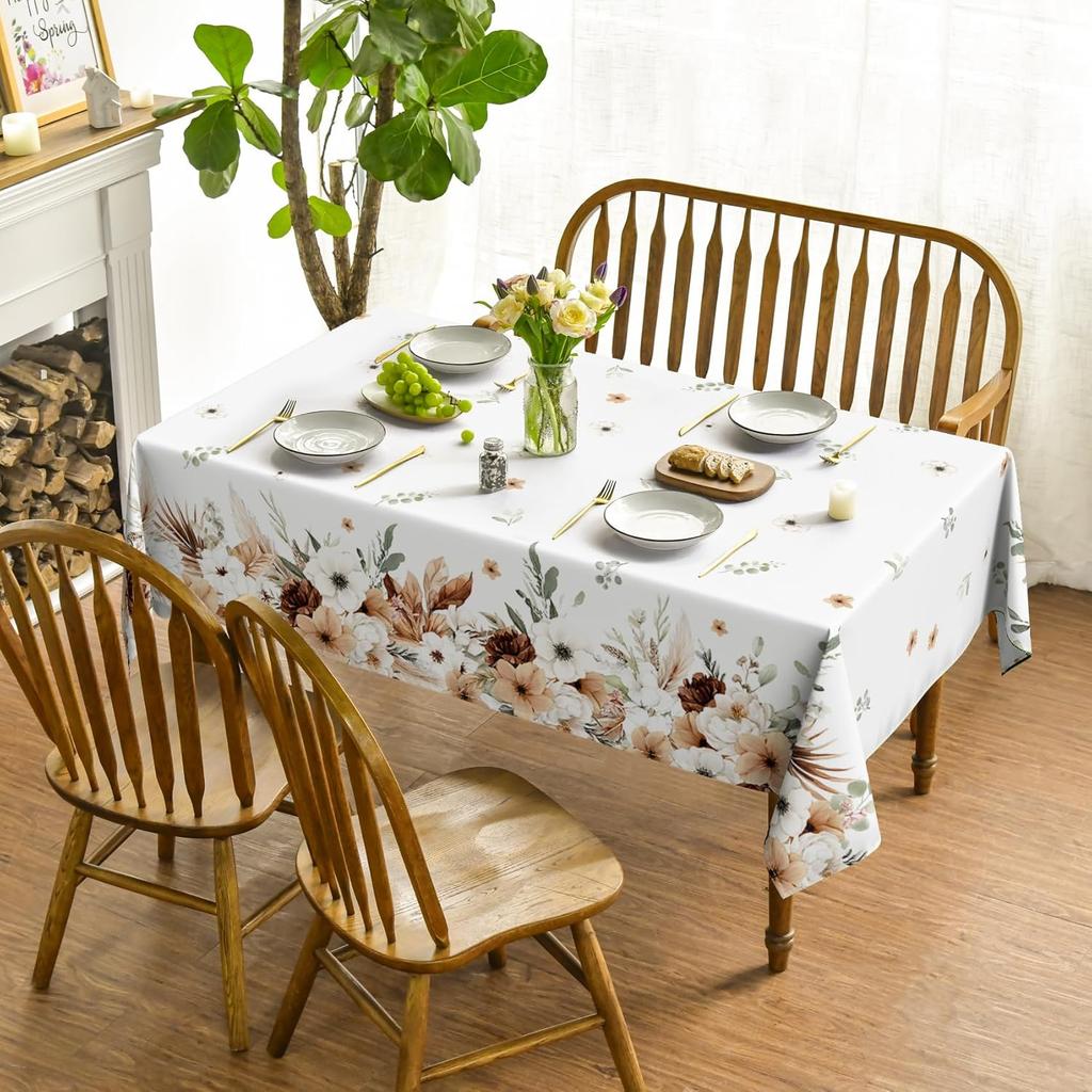 Horaldaily Spring Tablecloth 60×84 Inch Rectangular, Boho Naturalistic Style Brown Flower Washable Seasonal Table Cover for Party Picnic Dinner