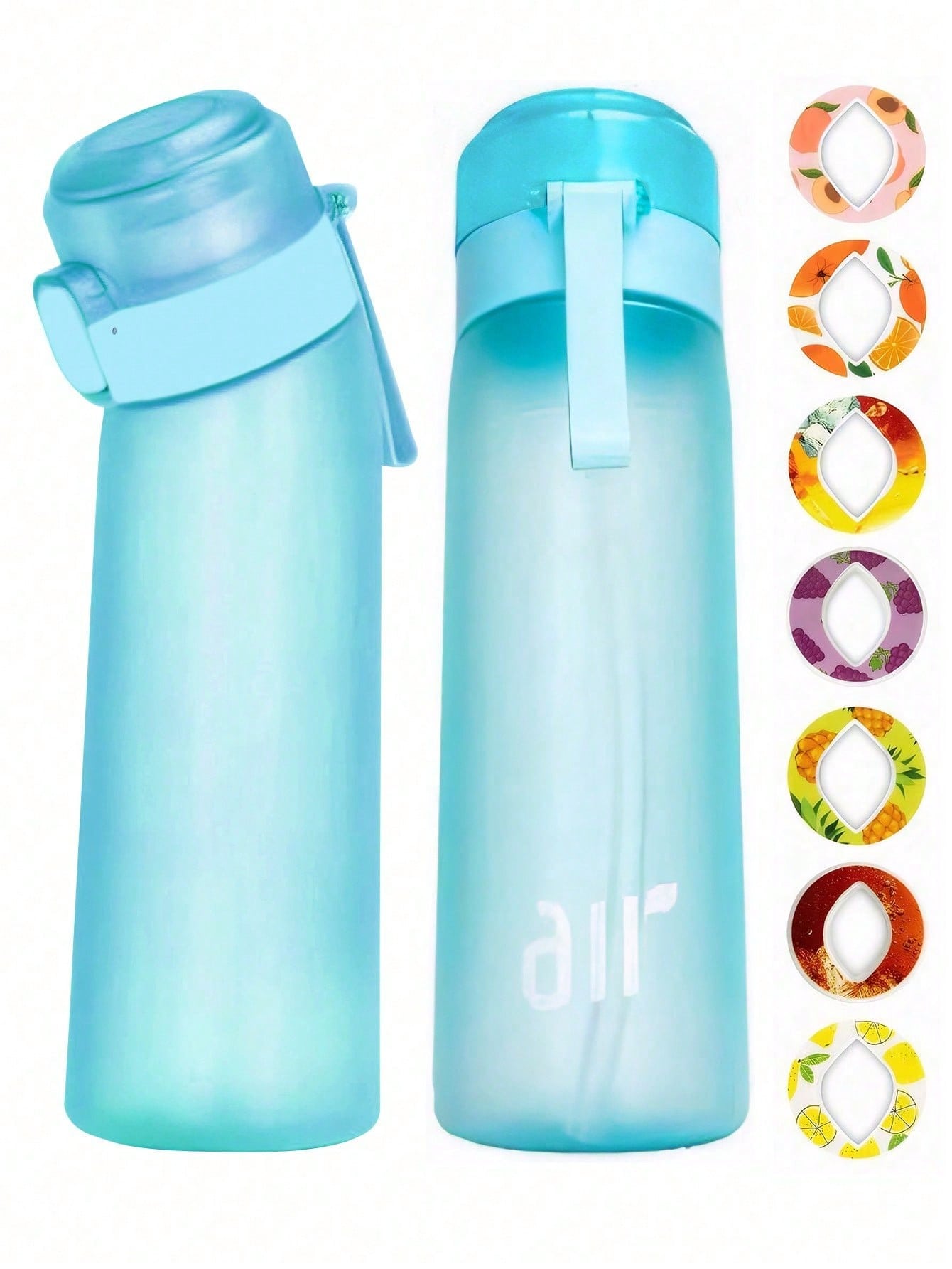 1 stuks nieuwe 800 ml/27 oz draagbare sport-traw waterfles, uitgerust met 1 stuks willekeurige fruitdrank smaakcapsules zonder suiker en zonder calorieën 0.8L hemelsblauwe kleur