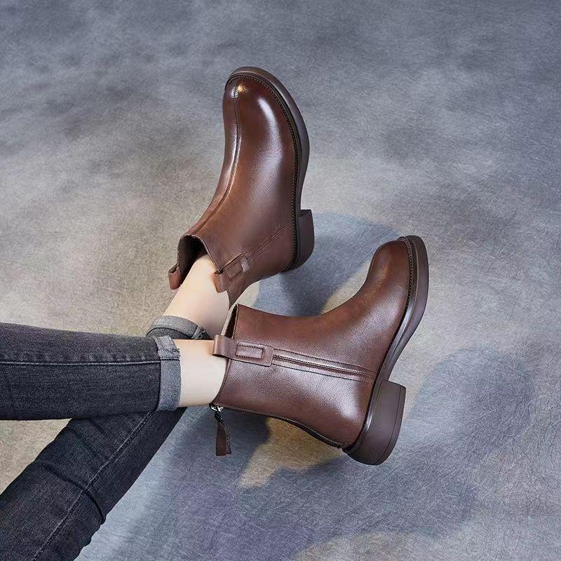 Soft Leather Boots Women's Autumn and Winter Boots New Mid-heel Soft-soled Zipper Winter Velvet Soft Leather Soft-soled Fashion Boots