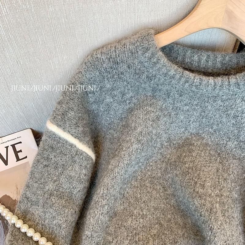 Design gray crew neck sweater women's soft waxy autumn new niche retro casual loose temperament top