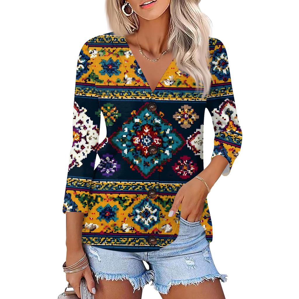 Women's Casual Fashion Floral Print Three-quarter Sleeve Button Cardigan Top