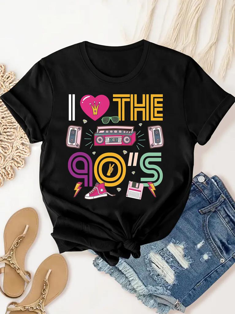 Grafik-T-Shirts im 90er-Jahre-Stil, Kurzärmelige lässige Rundhals-Oberteile, Perfekt für Frühling und Sommer Damenmode