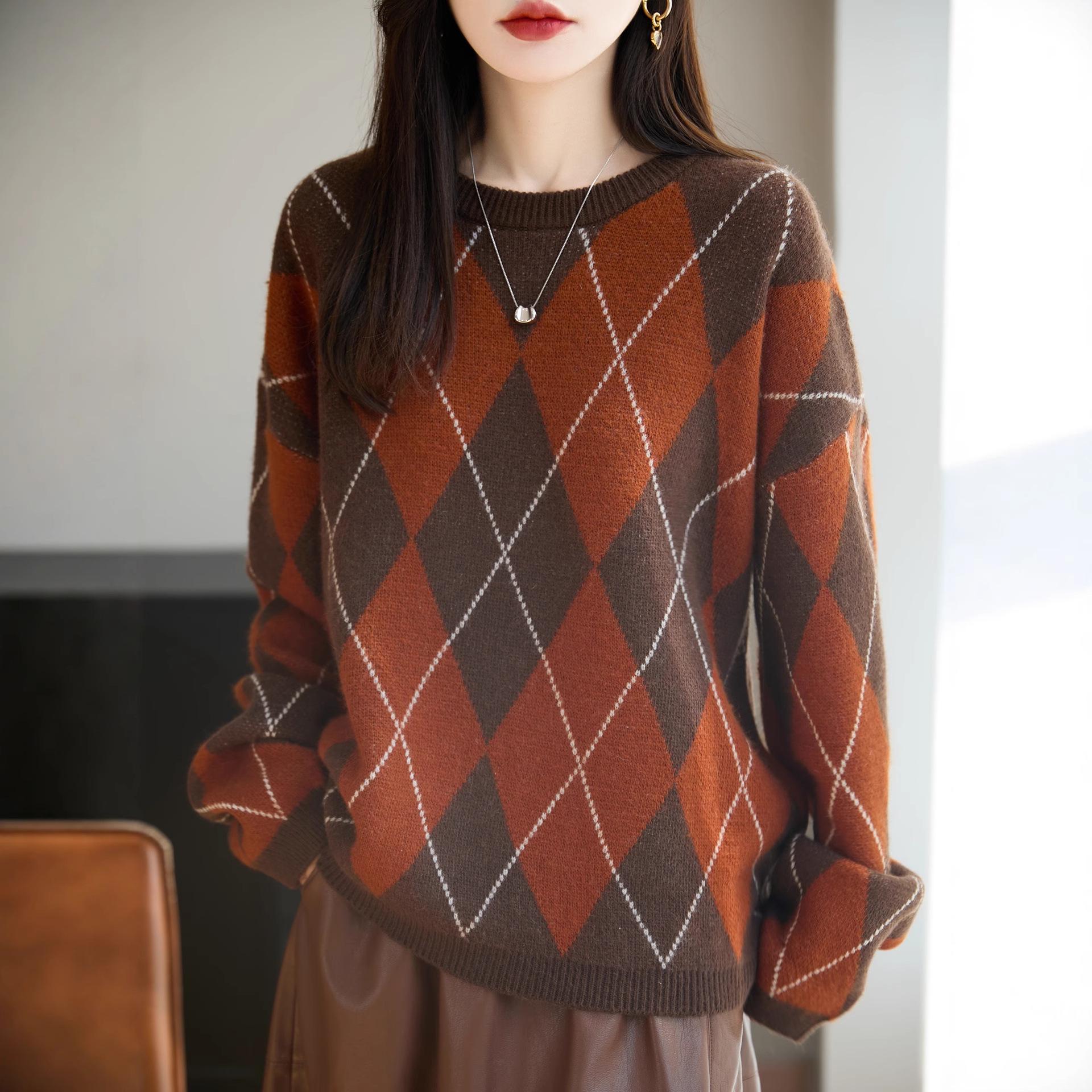Retro Color-Block Diamond Pattern Sweater – Autumn/Winter Knitwear, Loose Fit, Textured, Contrasting Colors XL