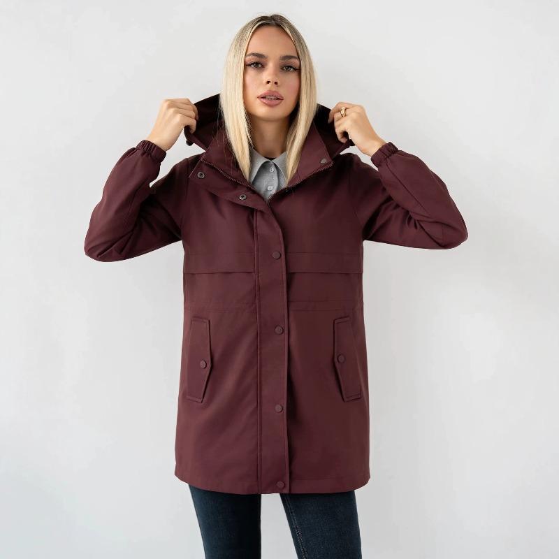Chaqueta con capucha para mujer Cintura con cordón Botones a presión Cremallera Manga larga Bolsillos Cortavientos Longitud media Gabardina
