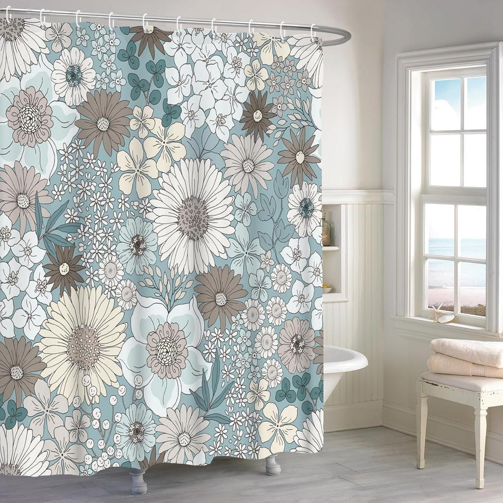 Blue Watercolor Floral Shower Curtain, Botanical Wildflower Design, Waterproof Polyester With Hooks