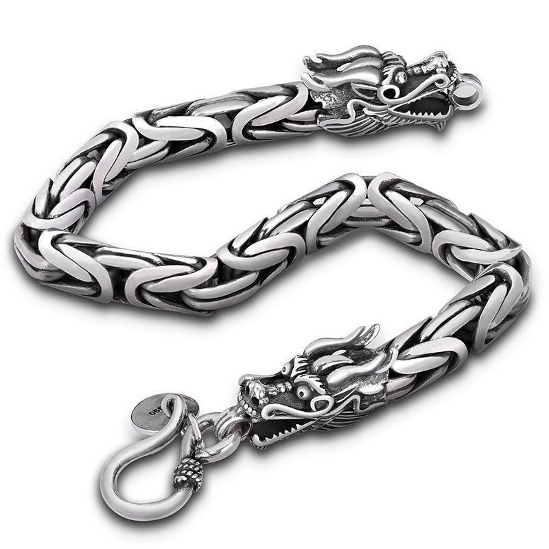 Men's Retro Thai Dragon Bracelet - Distressed Silver, Dragon Head & Bone Chain, Hip-Hop Style
