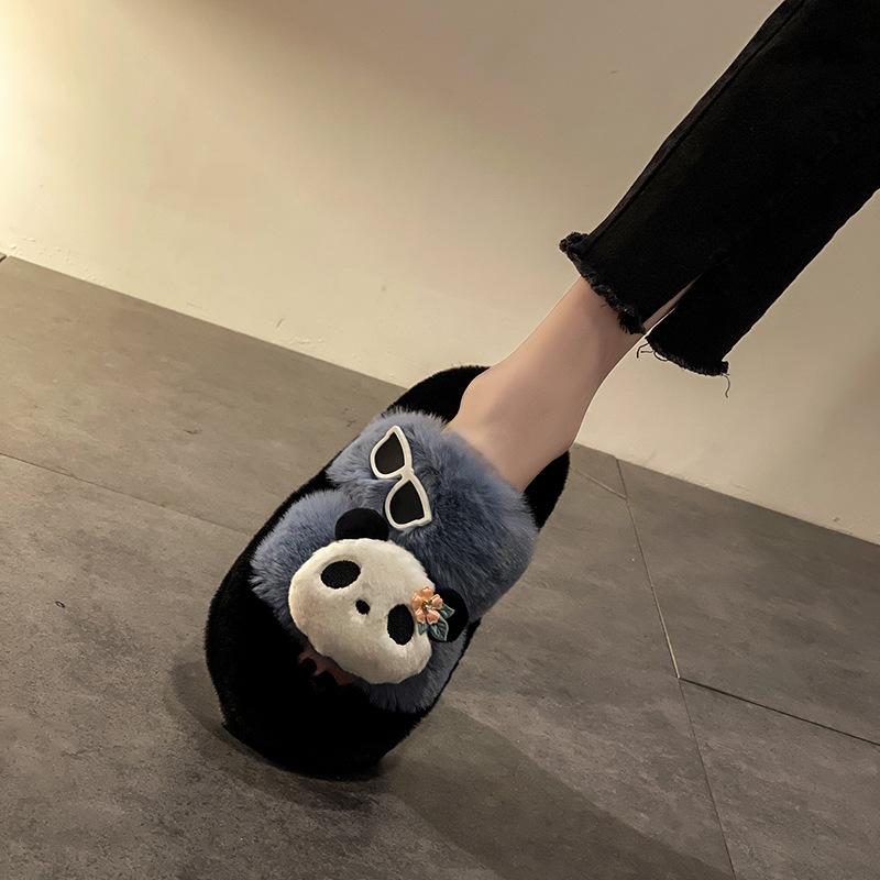 Fashion fluffy panda slippers women's new models in summer 2025 women's outer wear thick-soled home comfortable fluffy shoes women