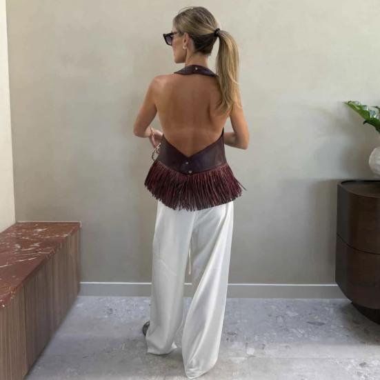 Dámský crop top s třásněmi z umělé kůže, na šňůrku za krk, bez zad, bez rukávů, na večer s třásněmi, sexy klubové, rave, koncertní oblečení
