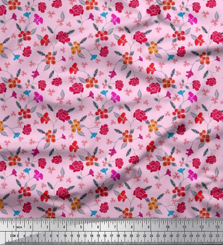 Soimoi Japan Crepe Satin Fabric Berries,Leaves & Floral Artistic Print Fabric by the Metre 42 Inch