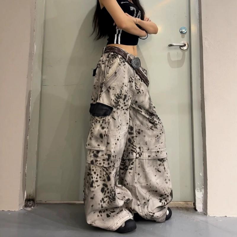 Unisex Wide-Leg Cargo Jeans With Leopard Print Patchwork Relaxed Fit Streetwear Denim Pants
