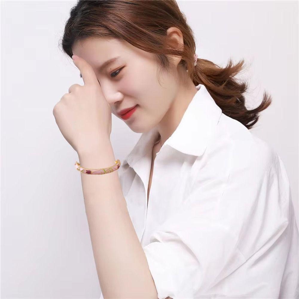 Bracelet jonc cloisonné vintage en émail style chinois pour femmes bracelet de main bracelet jonc ajouré à fleurs femme