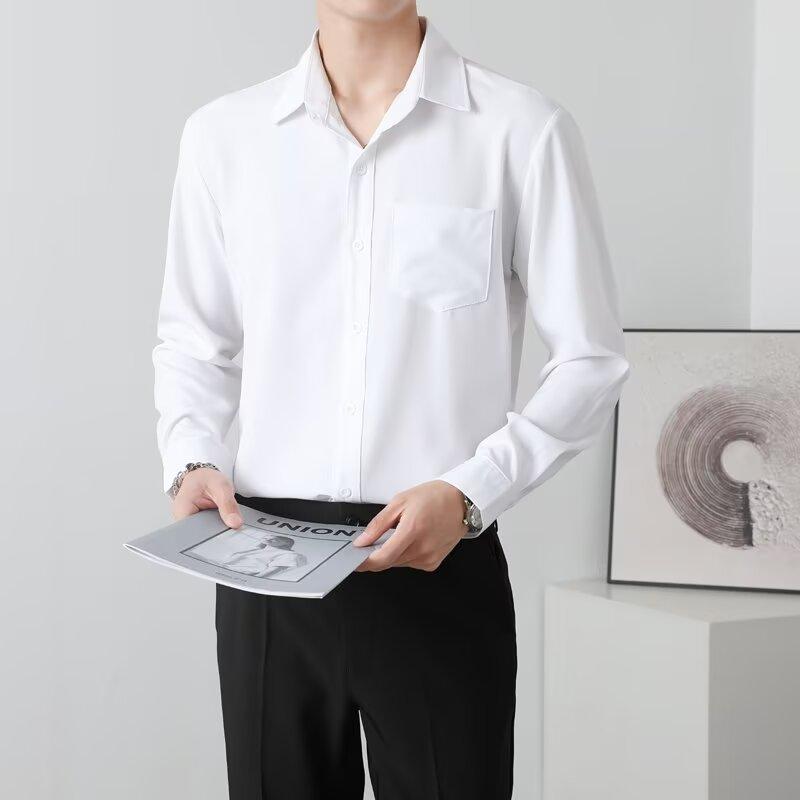 

2025 Весна Осень Мужские Однотонные Повседневные Рубашки Мужские Черные Приталенные Рубашки С Отложным Воротником Мужская Деловая Рубашка XL белый