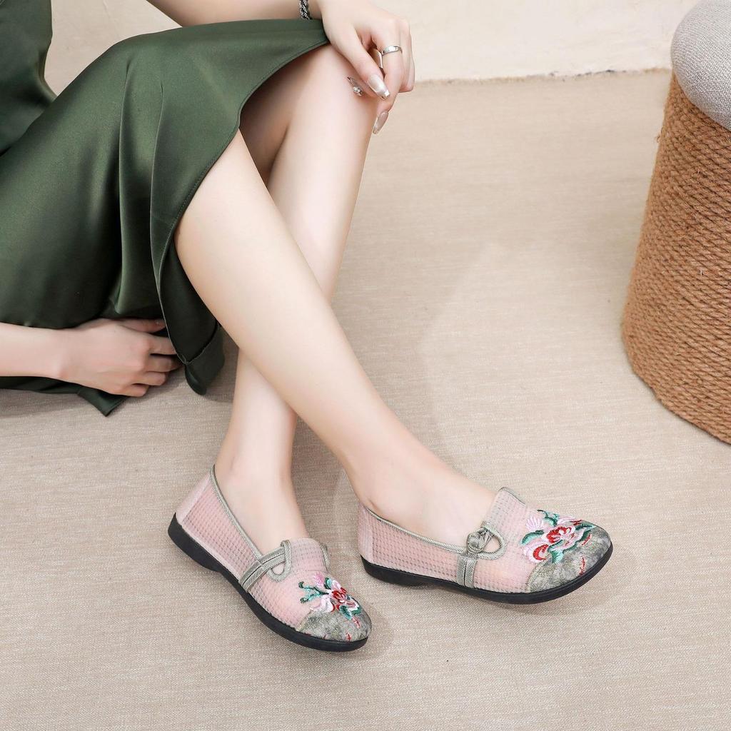 Damen Ethno Bestickte Atmungsaktive Mesh Slipper - Flache Schuhe mit weicher Sohle für Mütter