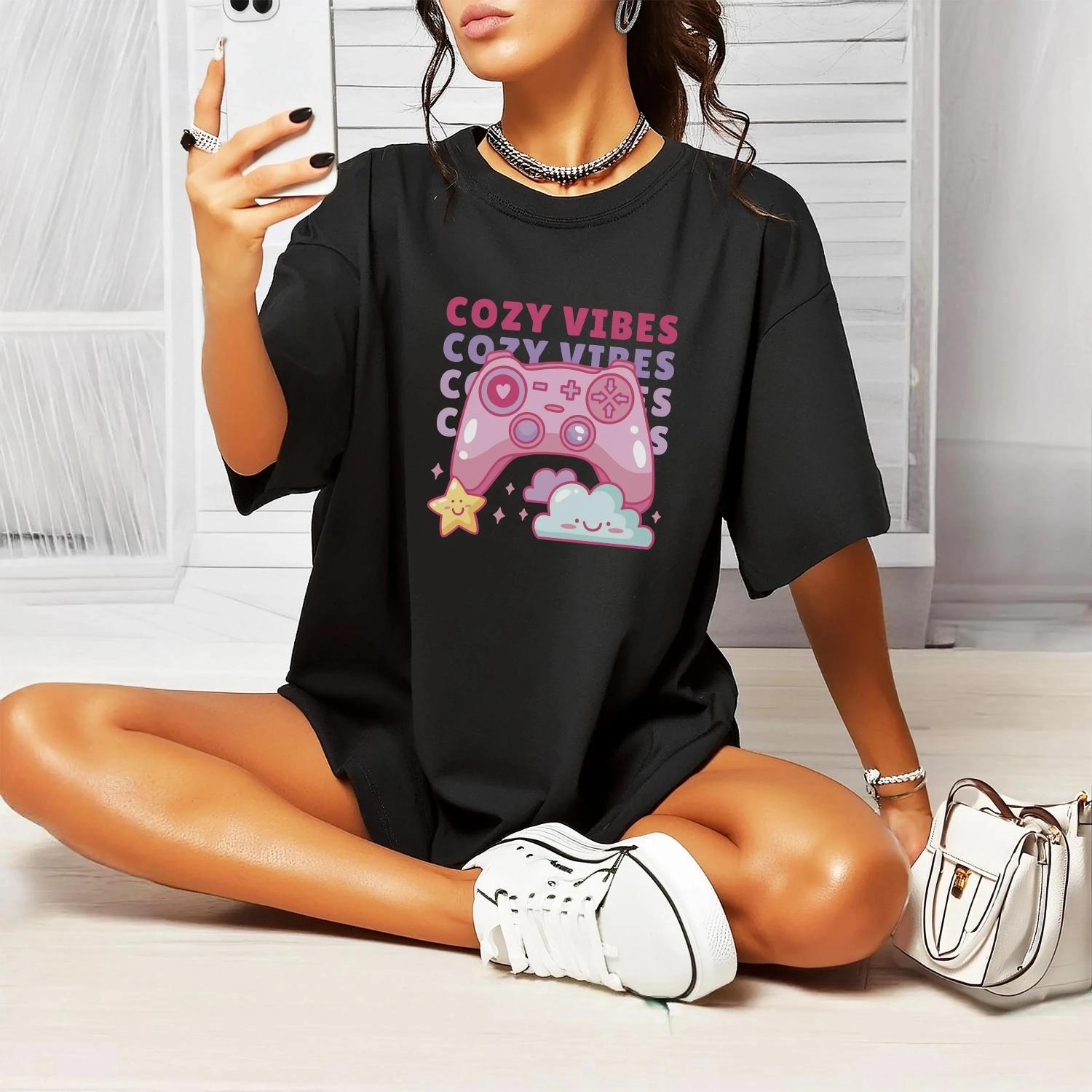 

Cozy Gamer Aesthetic T-Shirt Fashion Trends Funny Round Neck T-shirt Women s Clothes Casual Tops Clothing Y2k Top Cute Kawaii S чёрный