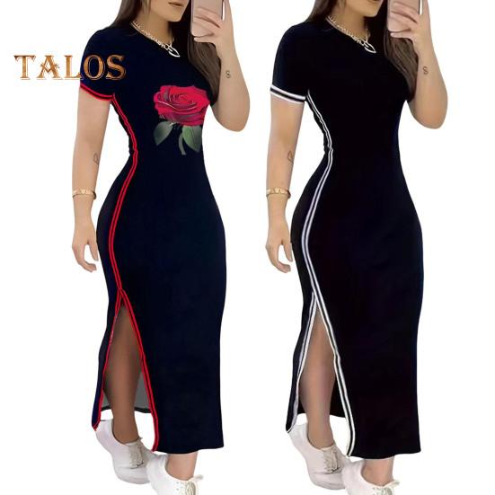 Damenkleid mit Seitenschlitz, Rosendruck, farblich abgestimmt, gestreift, schmale Passform, Rundhalsausschnitt, kurze Ärmel, Knöchellänge, Maxikleid für den Alltag