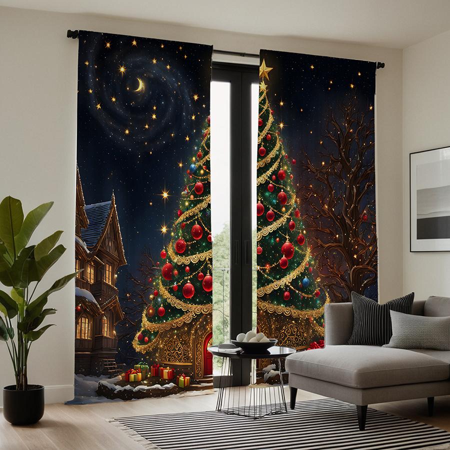 Set Of 2 Christmas Tree Starry Night Curtains Semi Transparent Polyester Living Room Bedroom Decor Curtain With Rod Pocket Machine Washable Ideal For