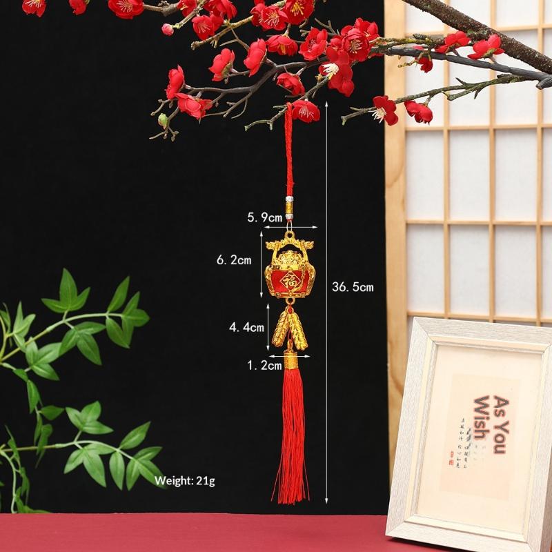 Lunar New Year Lucky Hanging Ornament with Red Tassel Golden Charm Festive Portable Decor for Travel Hotel Room Spring Festival