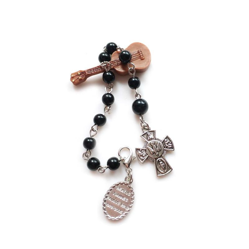 QIGO Vintage Black Glass Rosary Cross Bracelets For Men Women Religious Jewelry