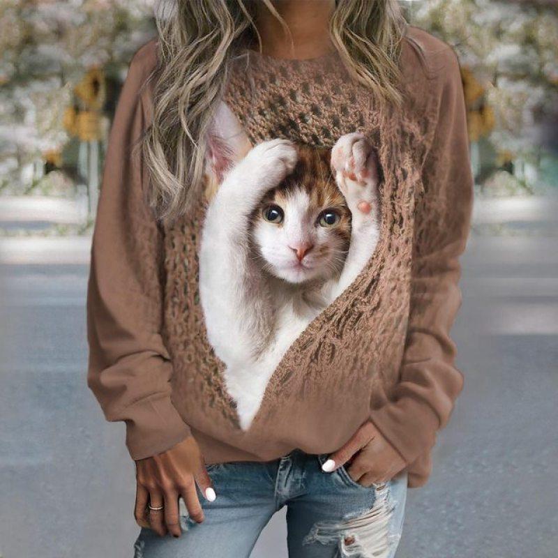 Women's Sweater Pullover T-Shirt Fashion Kitten Print Long Sleeve T Shirt Girls Street Casual Ladies Clothes O-Neck Sweatershirt