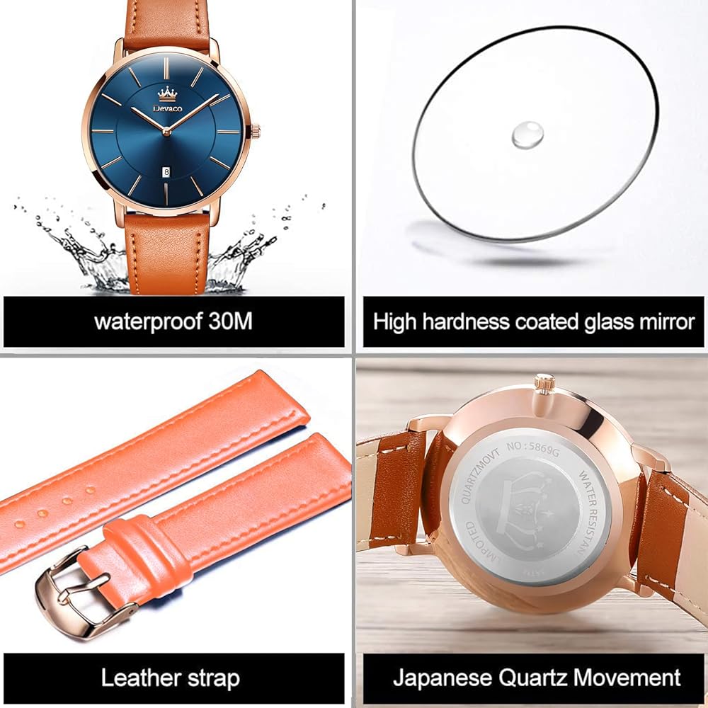 Men's Ultra-Thin 6.5mm Casual Business Watch 40mm Japanese Quartz Movement Genuine Leather Band