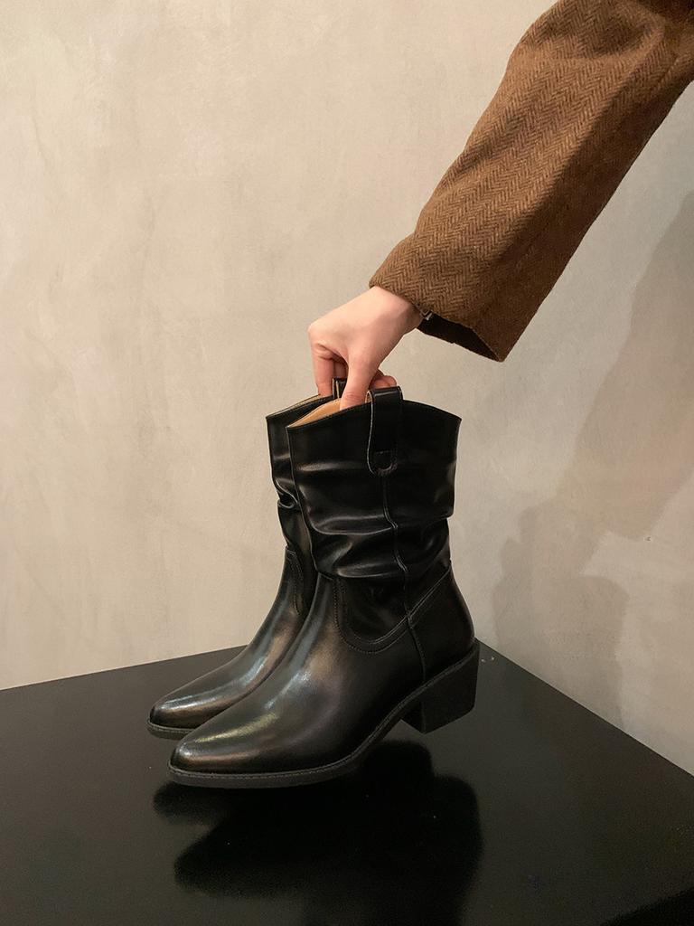 Thick Heel Retro Pointed Mid Boots Knight Boots Women's 2025 New Autumn and Winter Stacking Short Boots Suede Martin Boots