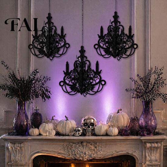 Secret Room Hanging Decor 3D Candlestick Chandelier Ceiling Ornament, Gothic Halloween Glitter Detailed Hollow Carved Ornaments Decoration for Holiday