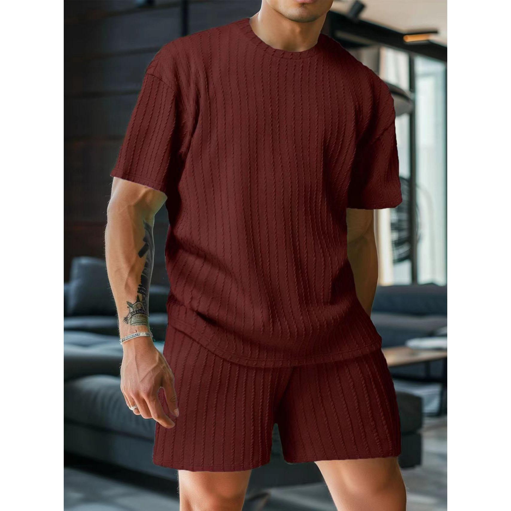 

Мужской летний комплект из двух предметов: футболка с коротким рукавом и круглым вырезом, повседневные спортивные шорты на шнурке, модный однотонный мягкий костюм XS вино красного