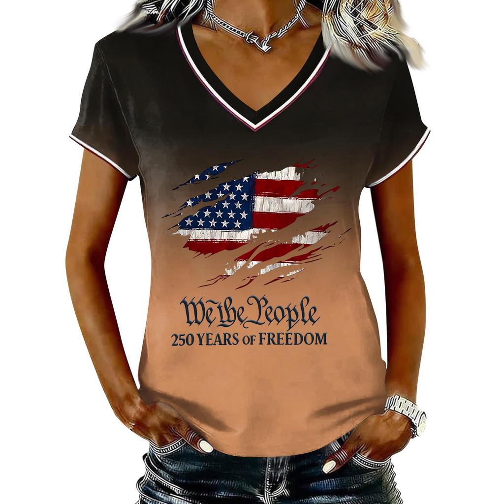 Women Casual V Neck Short Sleeve Pullover T Shirt Gradient American Flag Print Top Independence Day Patriotic Style Summer Tee