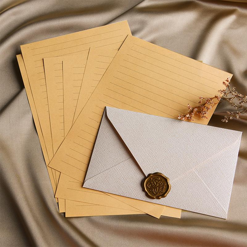 Retro Chinese Linen Pattern Letter Set with Kraft Paper, Sealing Wax, and Envelopes.