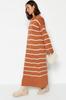 Women's Hijab Dress New Season Fashion Light Brown Striped Sleeve Slit Detailed Knitwear Dress