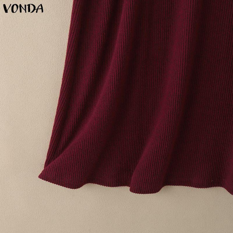 VONDA Autumn Women Long Sleeve Stitching Texture Rib Knitted Casual Bodycon Long Dress