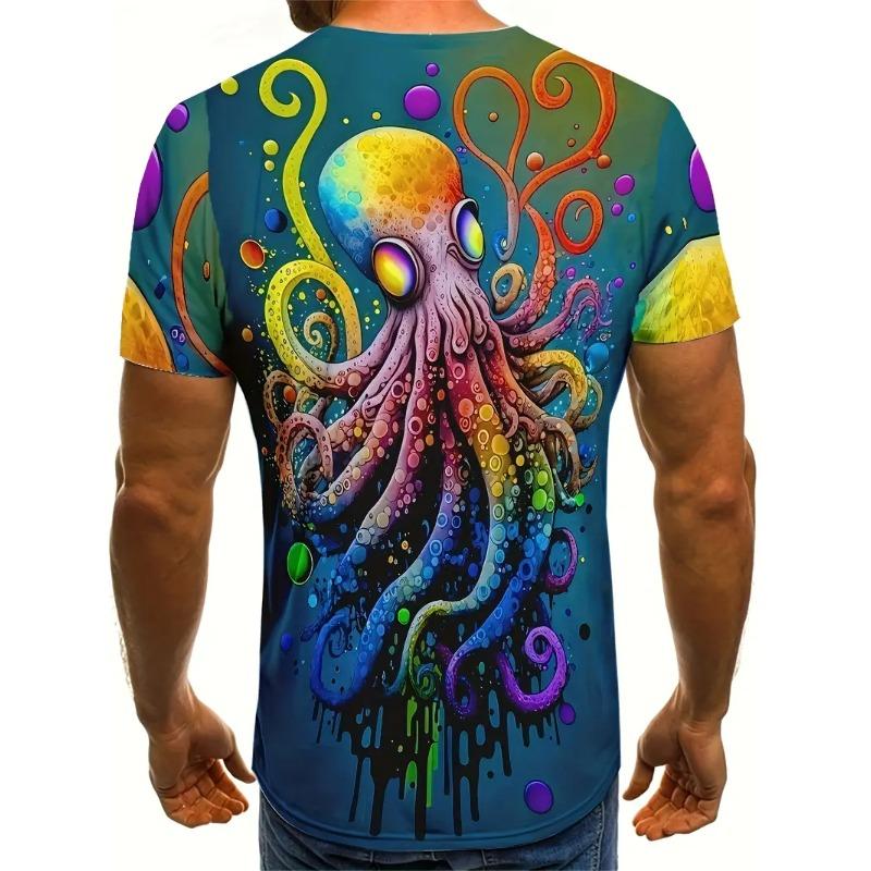 Men's 3D Printed Tropical Octopus Pattern T-shirt Trendy Printed Short-sleeved Breathable Polyester Round Neck Casual Style