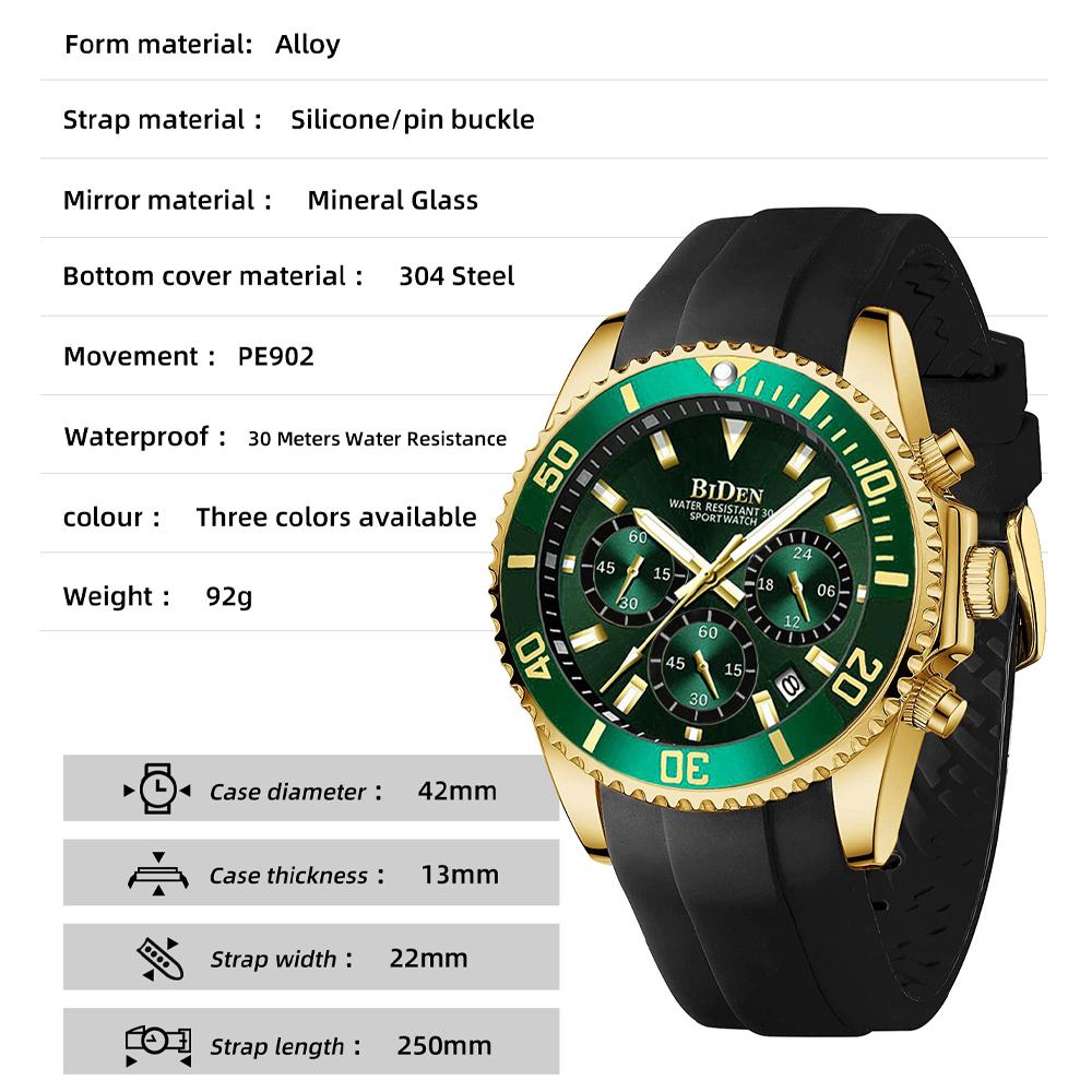 Sport Style Watch for Men Waterproof Chronograph Watch with Mineral Glass, Silicone Band Wristwatch