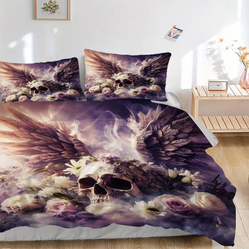 3pcs Angel Skull Printed Bedding Set, Soft and Comfortable Quilt Cover for Bedroom, Guest Room (1 Duvet Cover + 2 Pillowcases, Pillow Core N