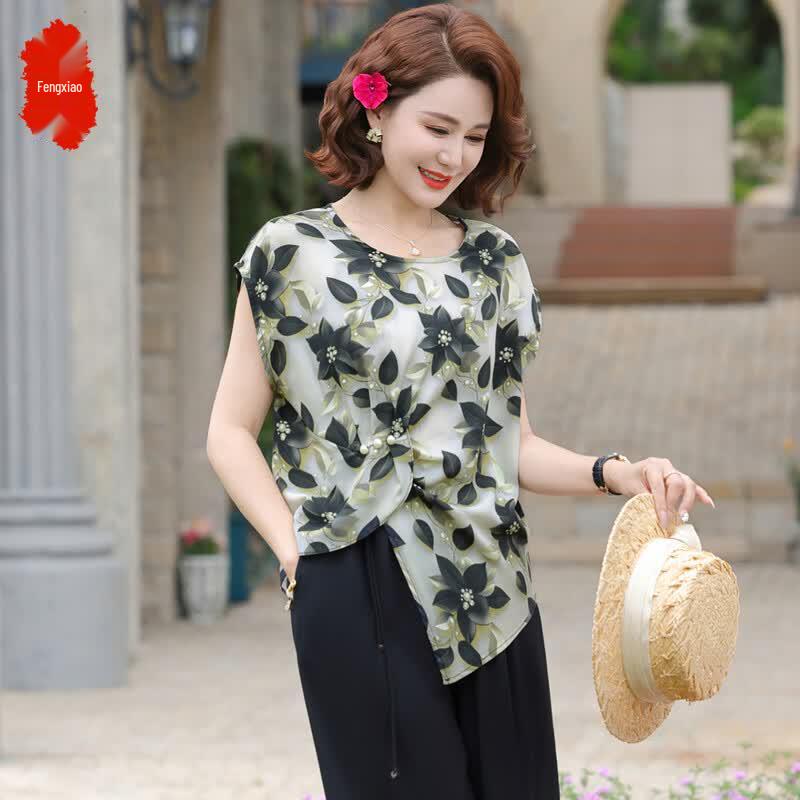 Stylish Summer Chiffon Short-Sleeve Top & Set for Middle-Aged Women 5XL