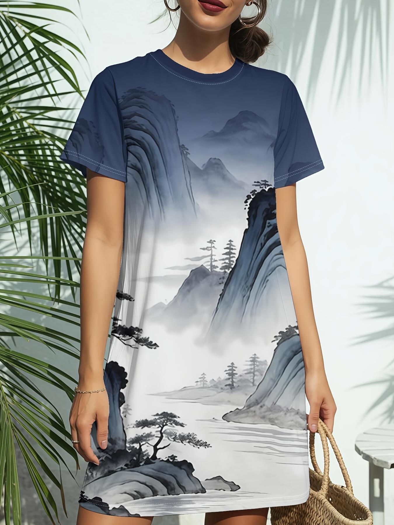 

Ink Mountain New Women S Round Neck Short Sleeve T-Shirt Dress. American Style Trendy Digital Print. Casual And Versatile for Spring And Summer. Elega 3XL дубильна кора