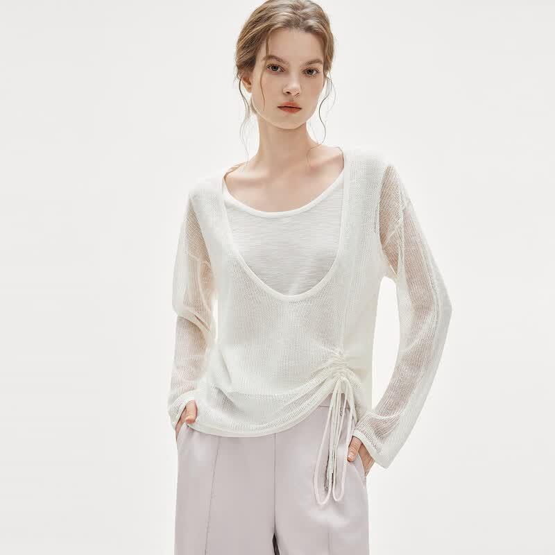 ELLE Women s Faux Two-Piece Hollow Knit Top L