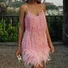 Women Dress Tassel Sequin V Neck Sleeveless Backless Feather Decor Loose Rumba Cha-cha Dance Costume Mini Club Party Dress