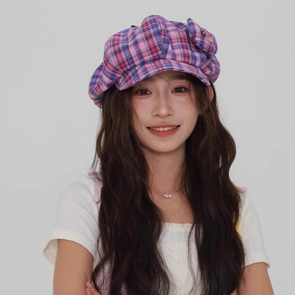 Sun Protection Plaid Cloud Berets Korean Style Octagonal Caps Japanese Button Hat  Spring Summer