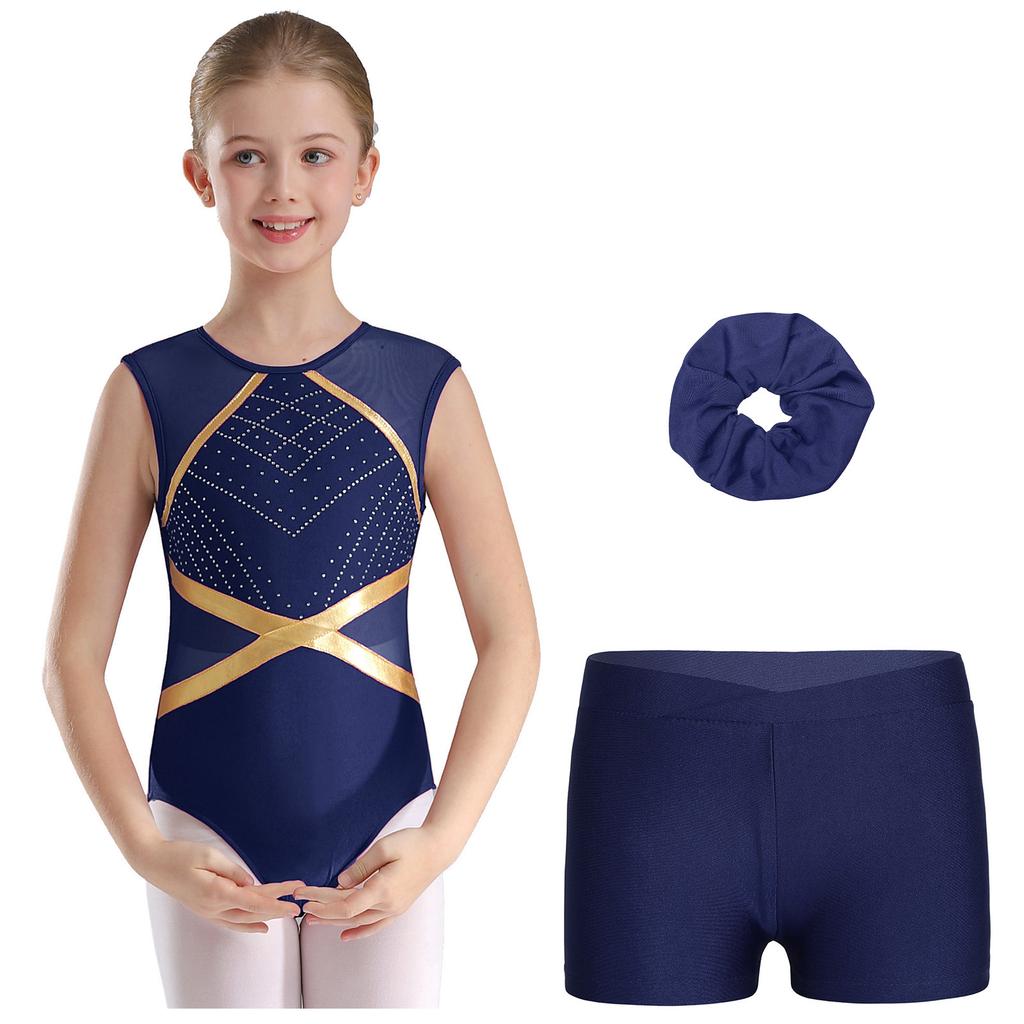Kids Girls Gymnastics Outfit Keyhole Back Patchwork Sleeveless Glittery Rhinestones Leotard with V-front Waistband Shorts Hair Tie Headwear